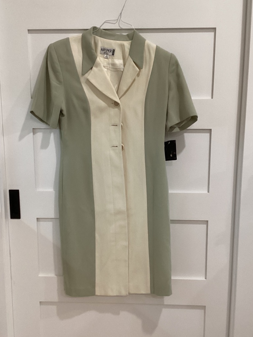 Kasper Two-Tone Sage and Cream Short Sleeve Shift Dress